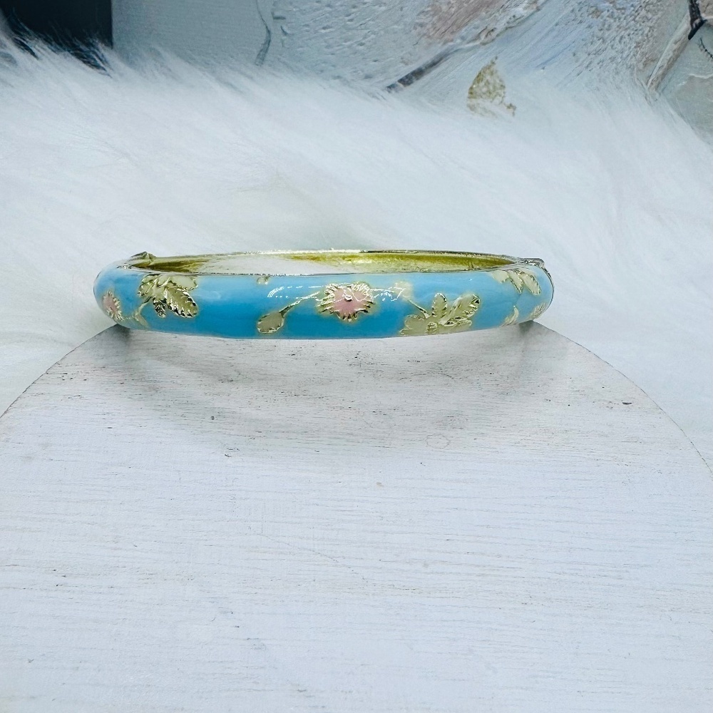 Blue Bangle w/ pink Flower Enamel Cloisonne Bracelet Bangle
